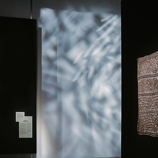 Interior photograph of Ömie barkcloth: Pathways of nioge by Hamish McIntosh
